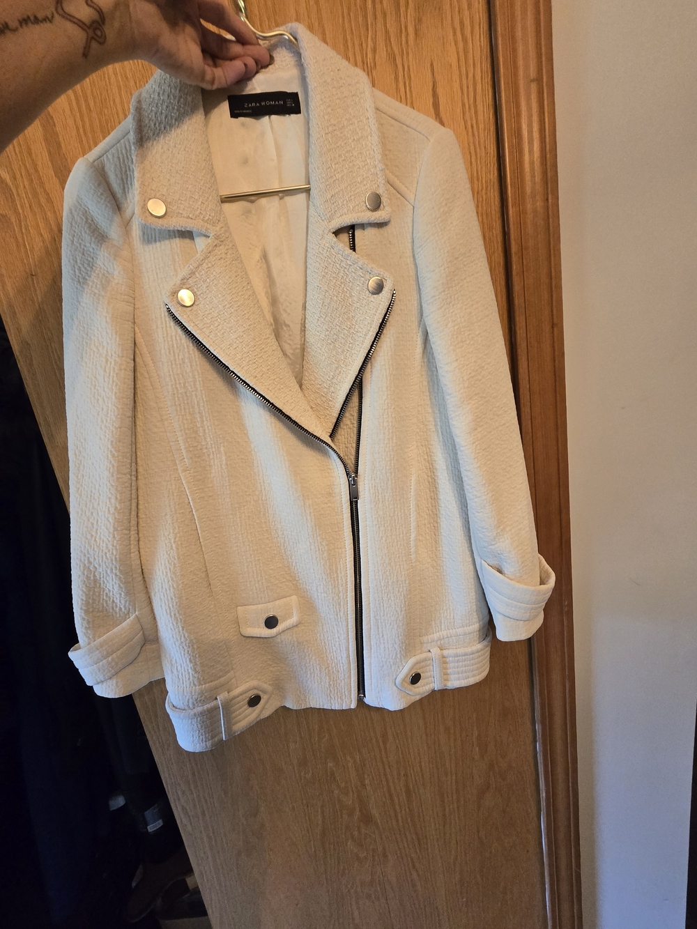 Zara Cream Textured Moto-Style Jacket